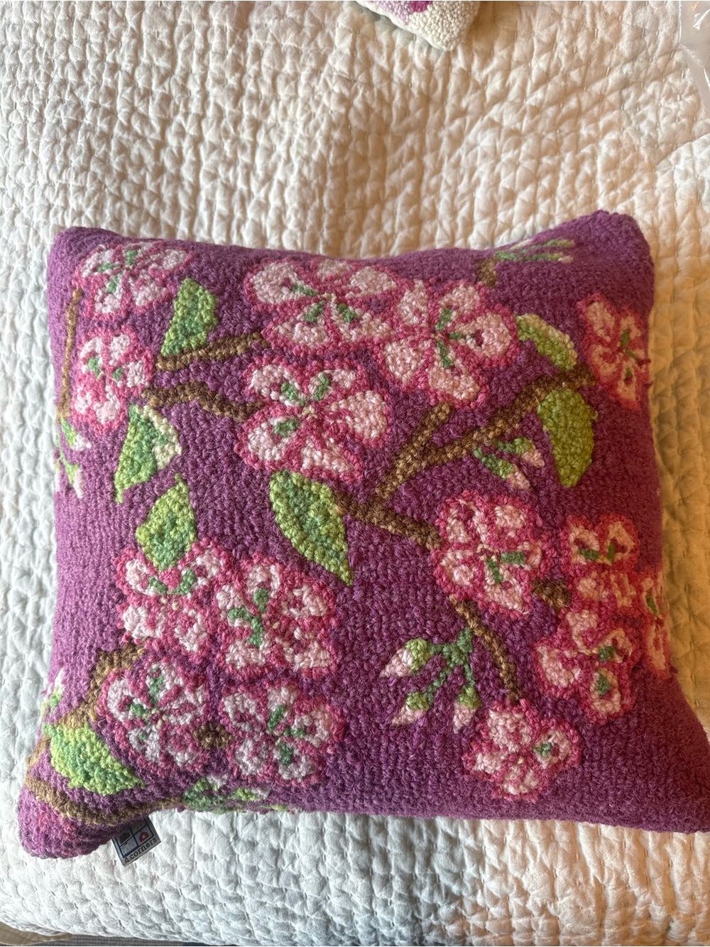 Floral Wool Hooked Pillow in Purple with Pink Blossoms